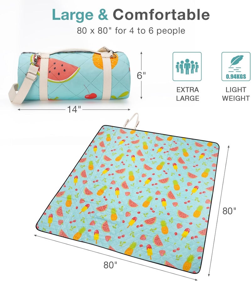 WILLOW WEAVE Picnic Blanket Extra Large 79" x 79", Washable Picnic Blankets, Camping Blanket with Portable Handle & Shoulder Strap - SummerFruits - Image 2